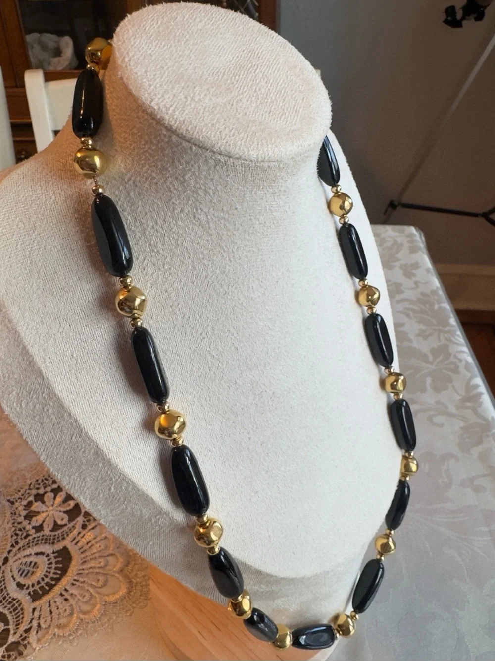Vintage Signed Napier 1980s Black & Gold Beaded Statement Necklace 24